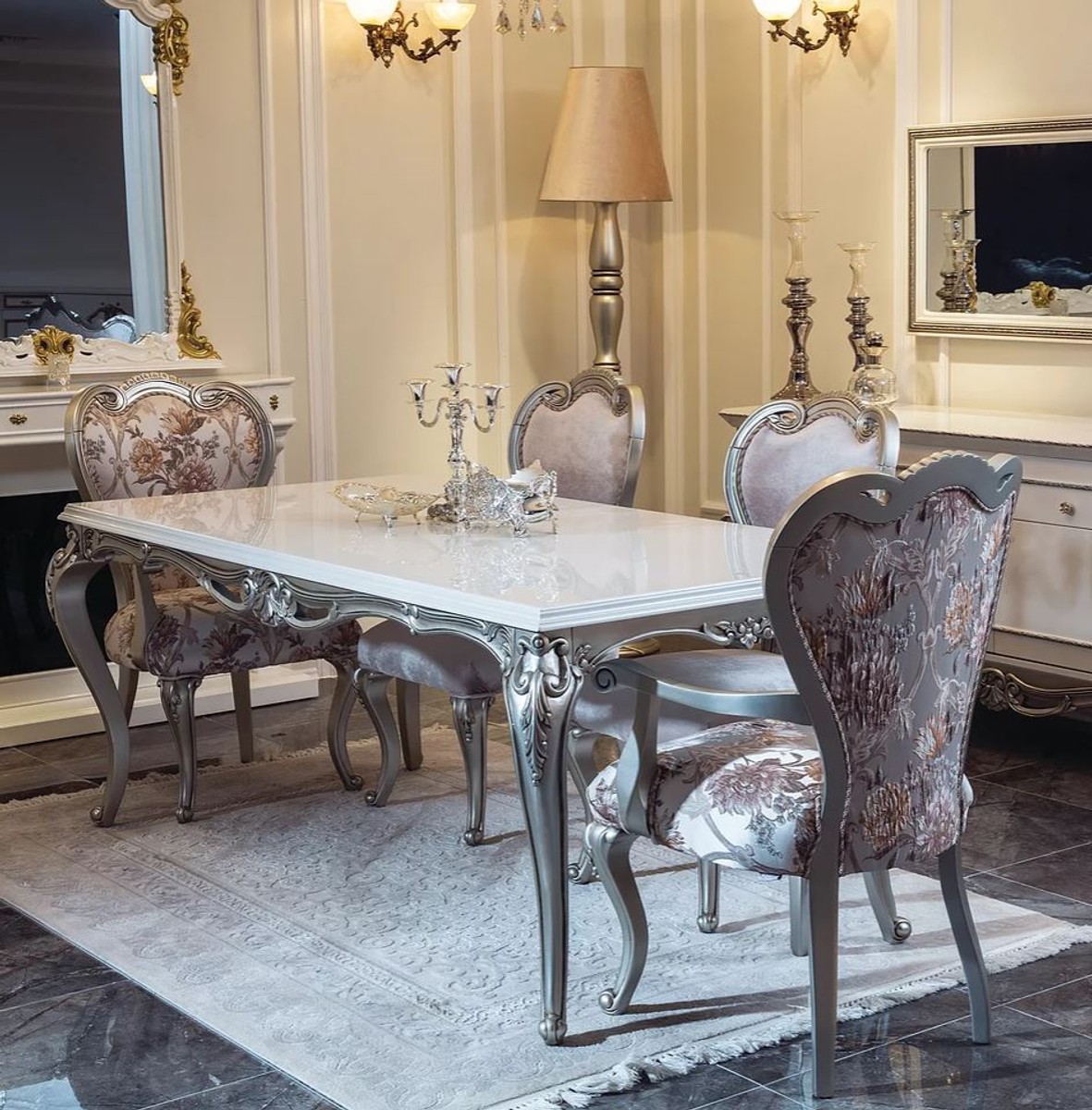 Casa Padrino set da sala da pranzo barocco di lusso rosa / bianco / argento  - 1 Tavolo da