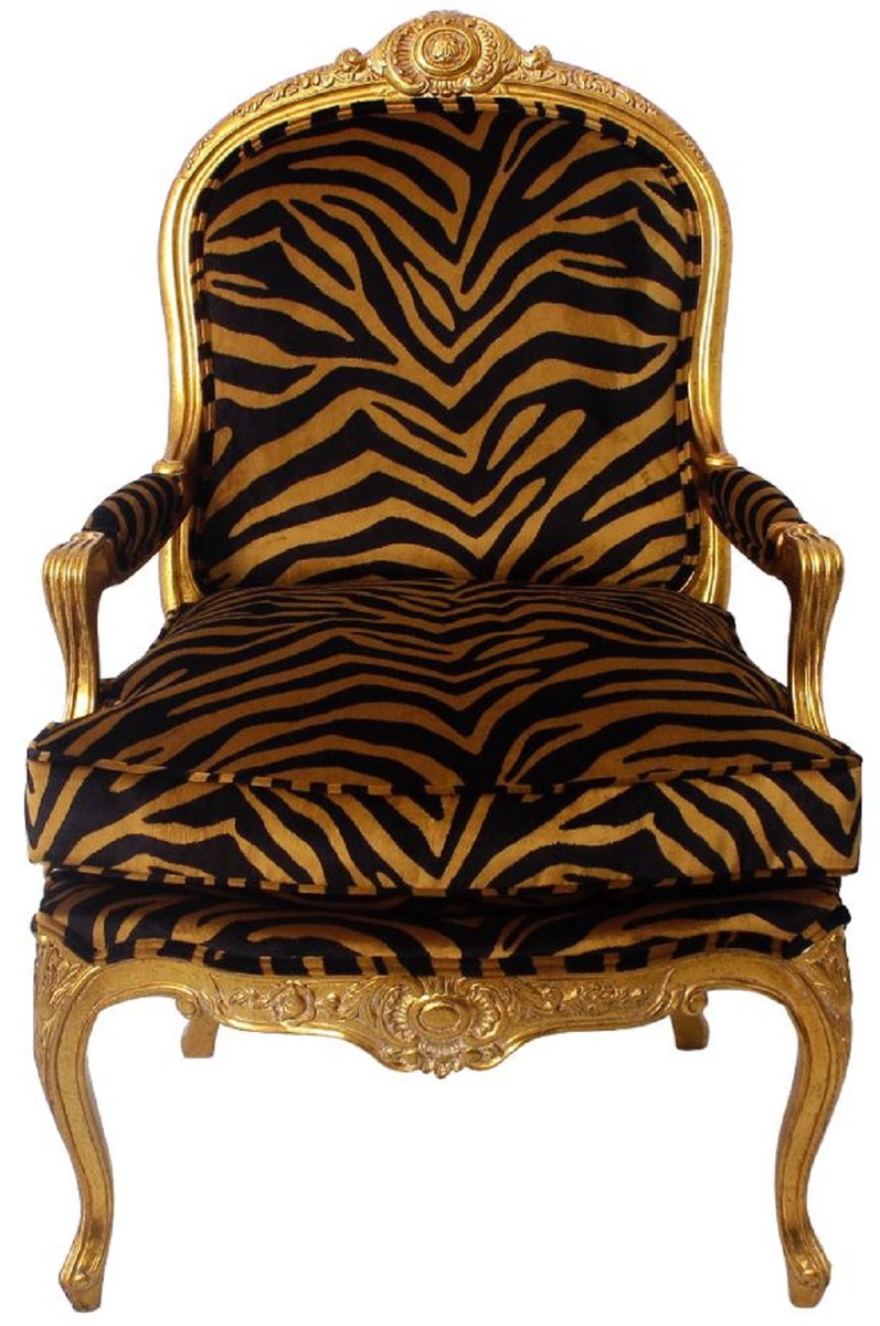 Casa Padrino Luxus Barock Sessel Gold / Schwarz / Gold 20 x 20 x H. 20 cm    Edler Mahagoni Wohnzimmer Sessel mit elegantem Tiger Muster   Barock ...