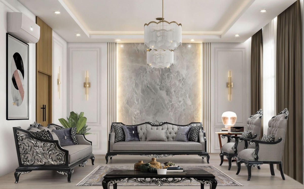 Casa Padrino Luxus Barock Wohnzimmer Set Silber / Schwarz   200 Sofas & 200  Sessel & 20 Couchtisch   Handgefertigte Barock Wohnzimmer Möbel   Edel & ...