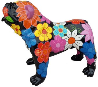 Casa Padrino Designer Dekofigur Hund Bulldogge Schwarz / Mehrfarbig 90 x H. 74  cm - Wetterbeständige Deko Skulptur - Wohnzimmer Deko - Garten Deko
