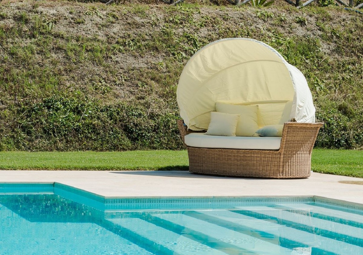 Casa Padrino isola sdraiata di lusso naturale / bianco 186 x 141 x A. 174  cm - Divano lounge tessuto a mano resistente alle intemperie con tetto  parasole - Mobili hotel terrazza giardino