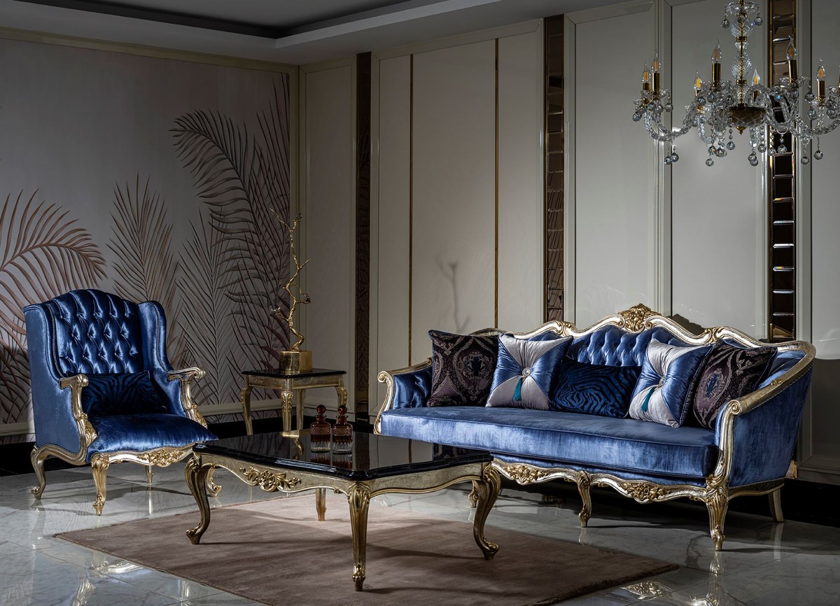 Casa Padrino Luxus Barock Wohnzimmer Set Blau / Silber / Gold   200 Sofas & 200  Sessel & 20 Couchtisch   Prunkvolle Wohnzimmer Möbel im Barockstil   Casa ...