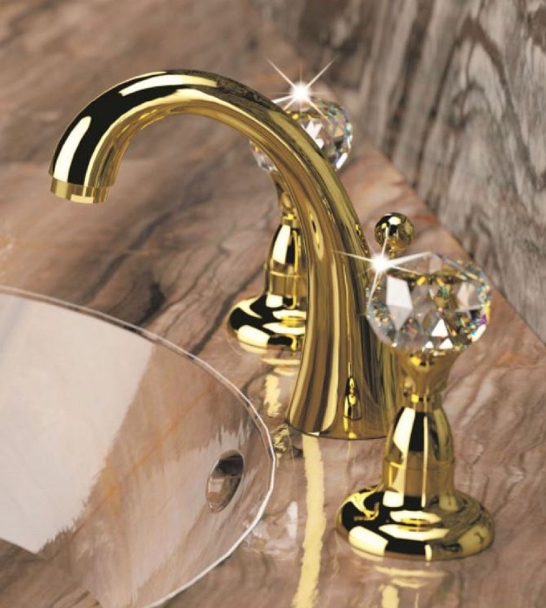 Casa Padrino miscelatore lavabo di lusso con vetro cristallo Swarovski oro  A. 15 cm - Batteria a tre fori con piletta - Accessori bagno di lusso -  Fatto in Italia