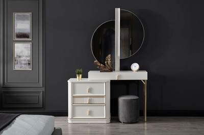 grey and gold dressing table Buy Unique Dressing Table With Side Storage And Puff For Bedroom, White main image 0