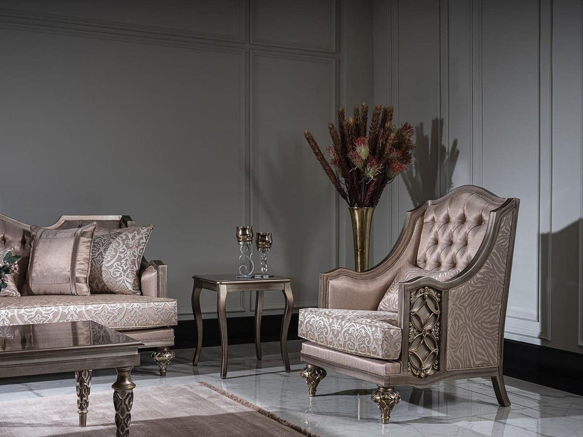 Casa Padrino Designer Art Deco Living Room Set Cream / Pink / Gold - 2  Sofas & 2 Armchairs - Living Room Furniture - Art Deco Furniture