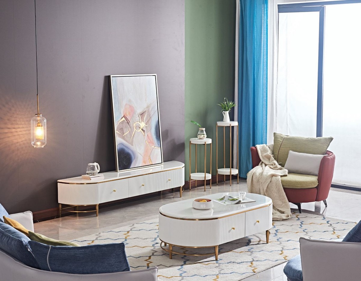 Casa Padrino tavolino di lusso bianco / ottone / oro Ø 50 x A. 58 cm - Comodino  rotondo con 2 cassetti - Mobili Moderni