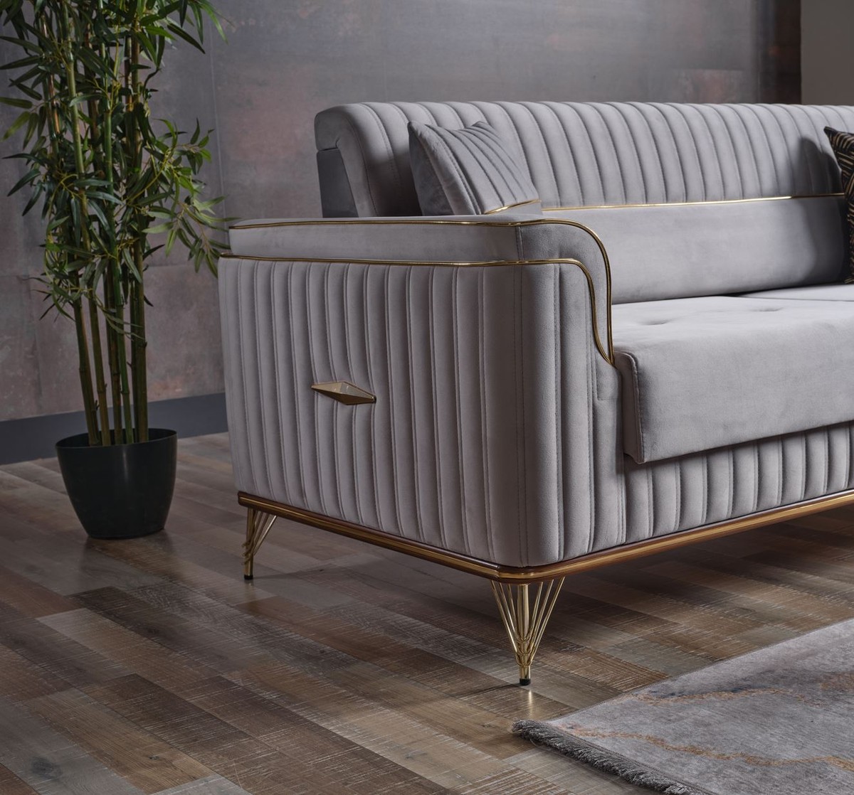 Casa Padrino divano letto di lusso grigio chiaro / marrone / oro 228 x 94 x  A. 88 cm - Divano soggiorno con 3 cuscini - Mobili soggiorno di lusso