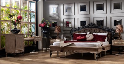 Palazzo Mar228 Lit double baroque XXL 180x200 cm en velours massif Cadre de lit en acajou