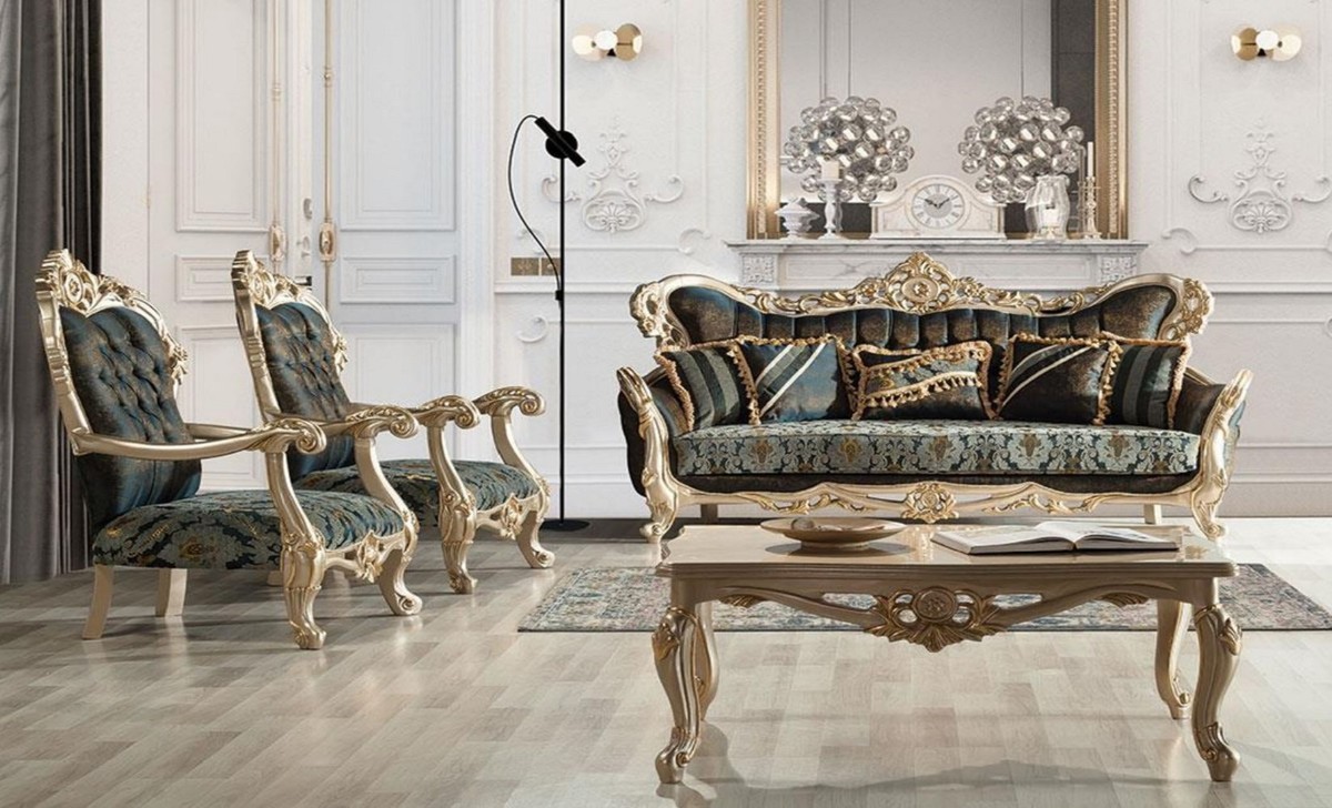 Casa Padrino set da soggiorno barocco di lusso verde / oro antico - 2  Divani e 2 Poltrone e 1 Tavolo da Salotto - Mobili da soggiorno barocco  fatto a