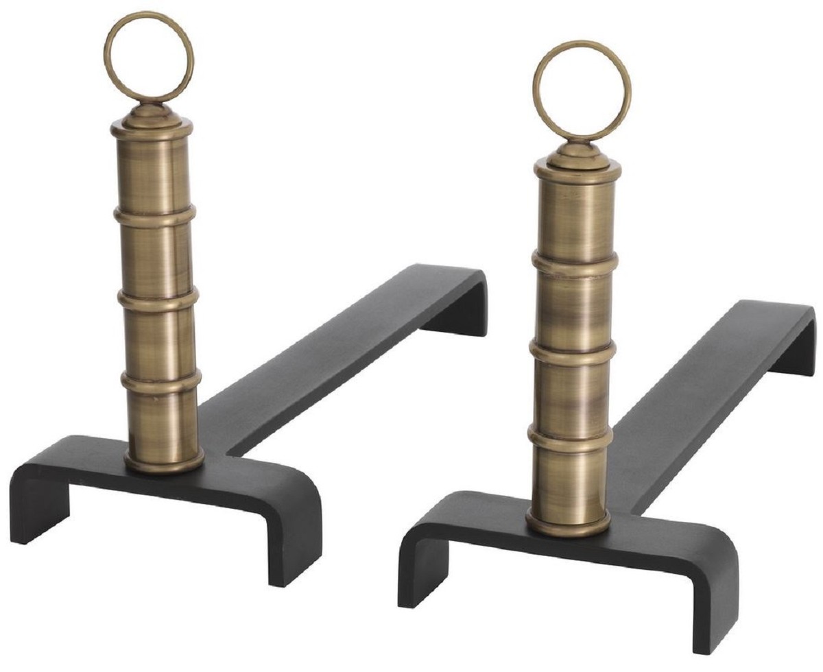 Casa Padrino conjunto de morillos de lujo latón vintage / negro 45 x 17 x A. 30 cm - Accesorios para Chimeneas - Colección de Lujo