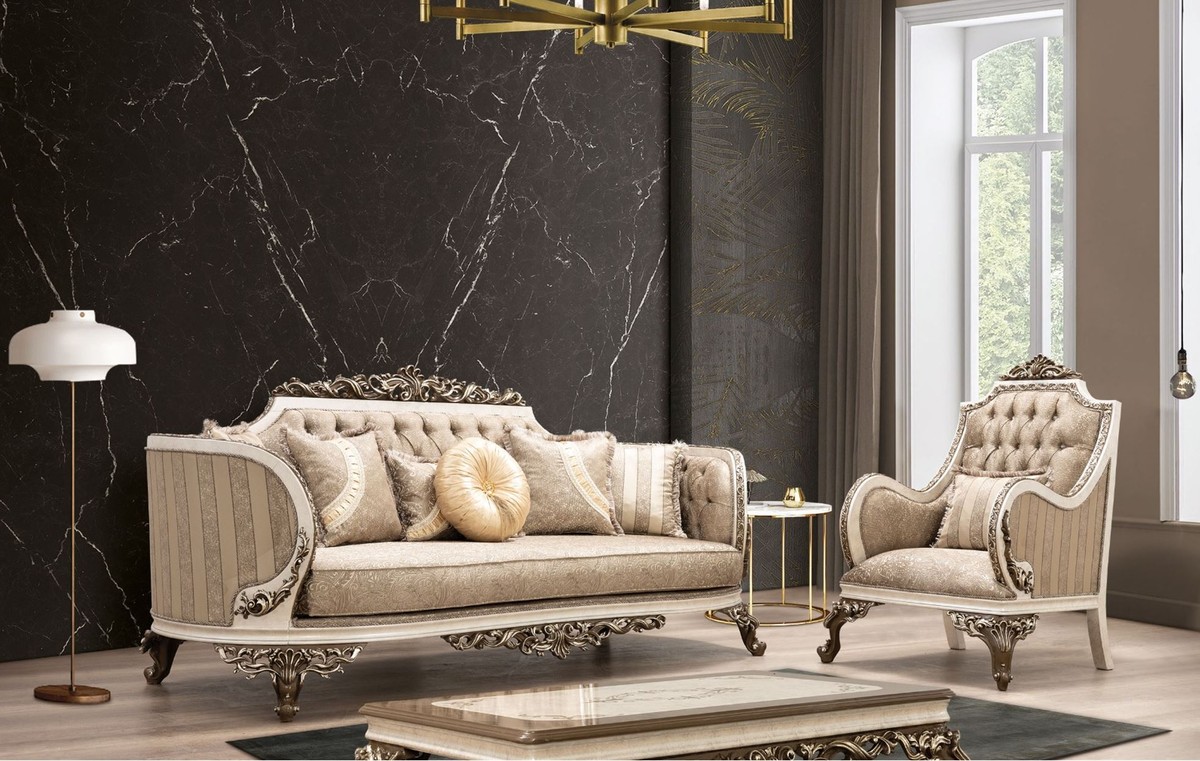 casa padrino luxus barock wohnzimmer set beige / cremefarben / braun / gold  - 2 sofas & 2 sessel & 1 couchtisch - handgefertigte wohnzimmer möbel im