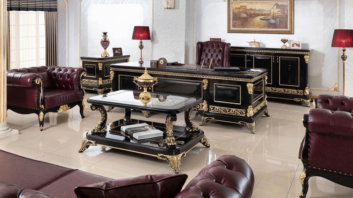 Casa Padrino tavolo da soggiorno barocco di lusso con piano in vetro nero /  oro - Magnifico tavolo
