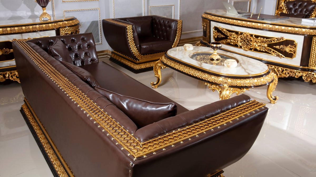 Casa Padrino fauteuil baroque de luxe en cuir marron foncé / marron -  Fauteuil de salon en cuir