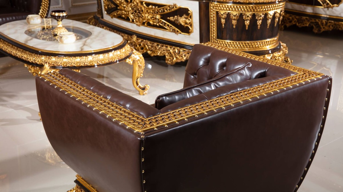 Casa Padrino tavolo da soggiorno barocco di lusso con piano in vetro bianco  / marrone scuro / oro - Magnifico tavolo da soggiorno stile barocco -  Mobili da soggiorno barocchi - Nobile e Magnifico