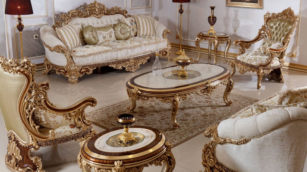 Casa Padrino Luxus Barock Sofa Weiß / Mehrfarbig / Braun / Gold    Prunkvolles Wohnzimmer Sofa mit elegantem Muster   Barock Wohnzimmer &  Hotel Möbel   ...
