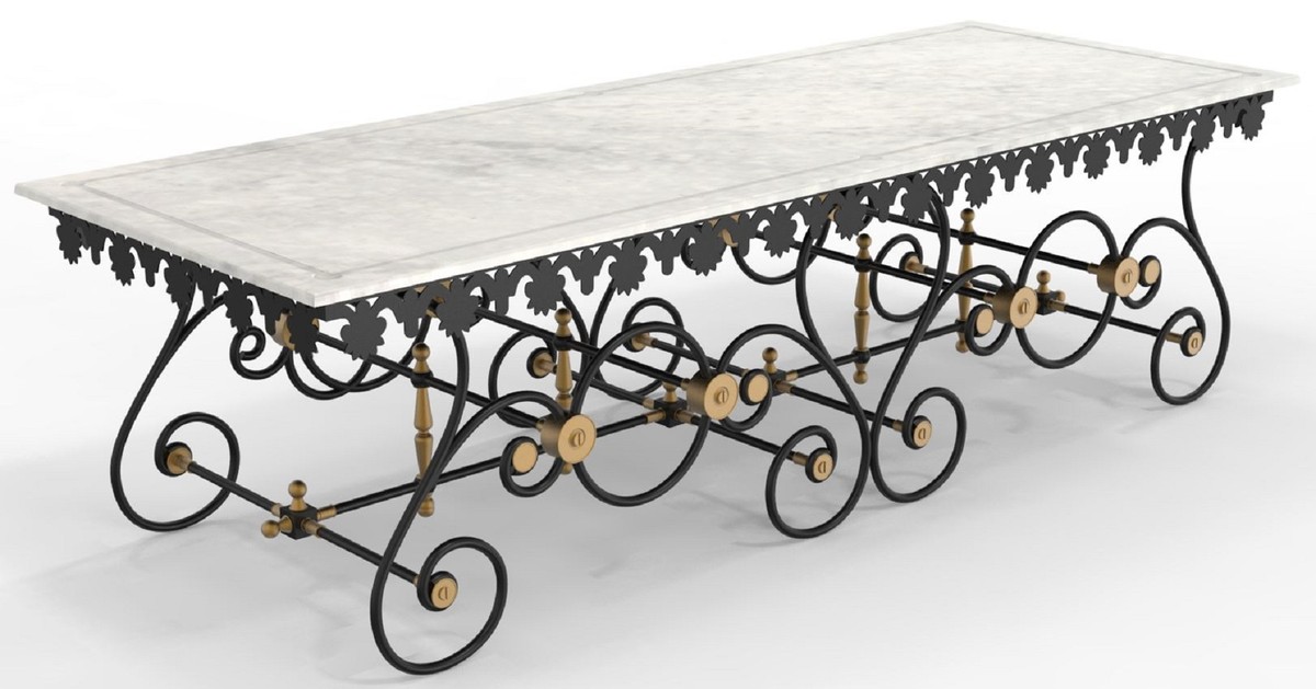 Casa Padrino Jugendstil Gartentisch 270 x 100 x H. 75 cm - Verschiedene Farben - Nostalgischer Schmiedeeisen Garten & Terrassen Tisch mit Marmorplatte - Jugendstil Garten & Terrassen Möbel