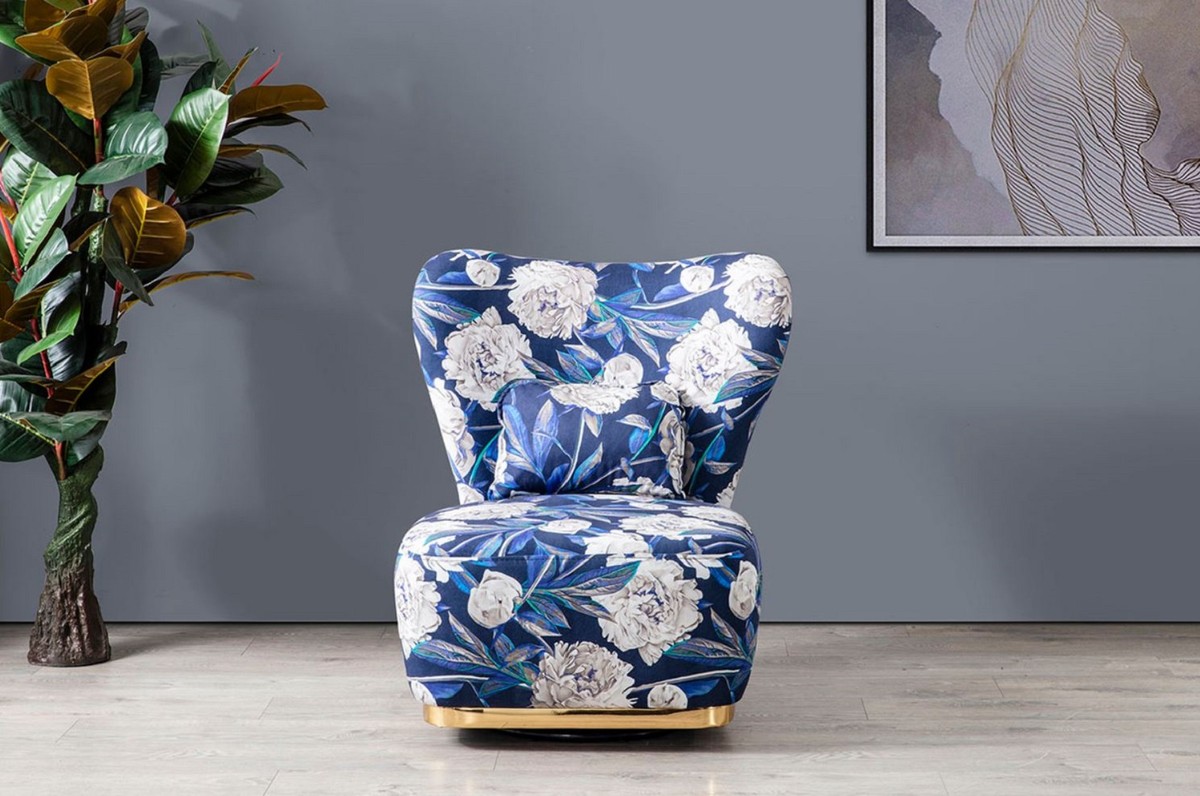 Casa Padrino Luxus Sessel Blau / Mehrfarbig / Gold   Moderner Wohnzimmer  Sessel mit Blumenmuster   Moderne Wohnzimmer Möbel   Luxus Kollektion