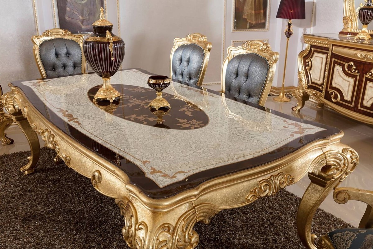 Casa Padrino tavolo da pranzo barocco di lusso bianco / marrone / oro -  Magnifico tavolo da pranzo in legno massello in stile barocco - Magnifici  mobili barocchi per la sala da pranzo