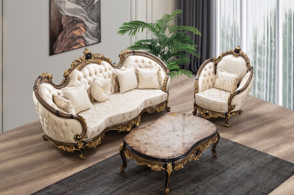 Casa Padrino Luxus Barock Sessel Gold / Braun / Schwarz / Gold    Prunkvoller Wohnzimmer Sessel mit elegantem Muster   Barock Wohnzimmer &  Hotel Möbel ...