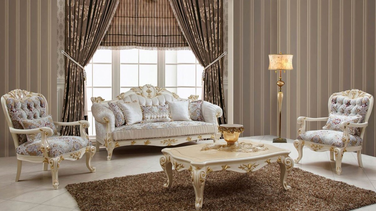 Casa Padrino Luxus Barock Wohnzimmer Set Weiß / Braun / Mehrfarbig / Creme  / Gold   200 Barock Sofas & 200 Barock Sessel & 20 Barock Couchtisch   Luxus ...