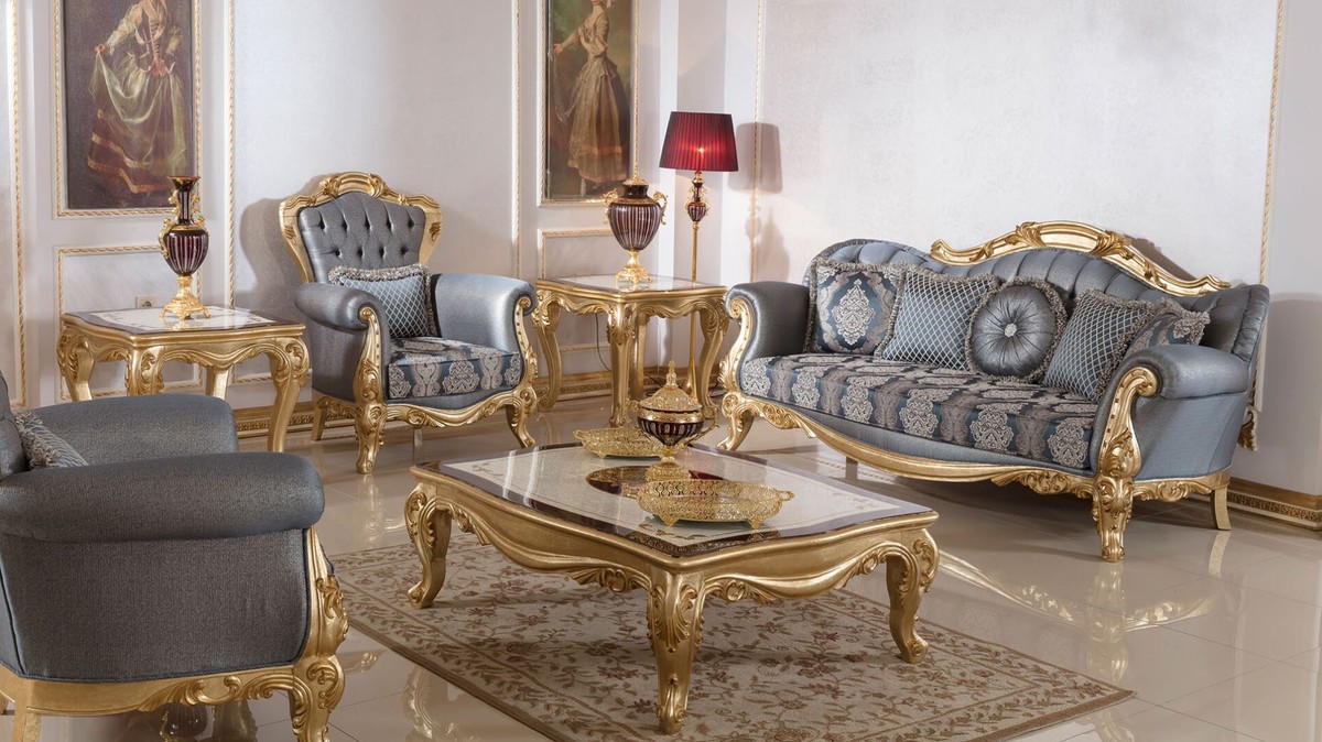 Casa Padrino Luxus Barock Wohnzimmer Set Blau / Gold   200 Barock Sofas & 200  Barock Sessel & 20 Barock Couchtisch   Luxus Wohnzimmer Möbel im Barockstil    ...