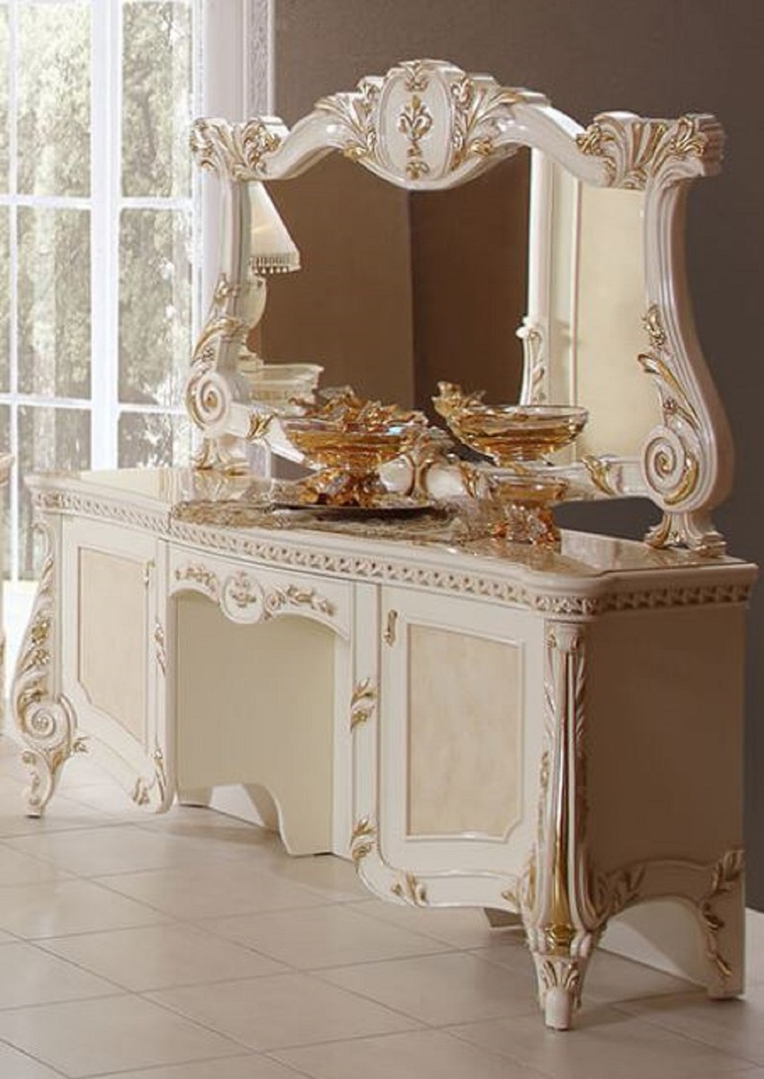Casa Padrino luxury baroque bedroom set beige / white / gold - 1 Baroque  Make Up Dresser & 1 Baroque Mirror - Luxury bedroom furniture in baroque