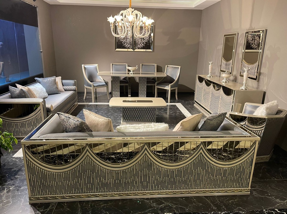 Casa Padrino set da tavolo soggiorno di lusso marrone / argento / nero - 2 tavoli  da salotto con piano in vetro - Mobili da soggiorno di lusso