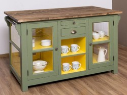 NNJN Küchenschrank 120x40x179cm - Grüner Sideboard Mit Braunen Glastüren & LED-Beleuchtung