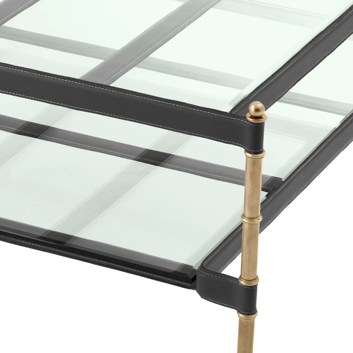Casa Padrino tavolo da salotto di lusso ottone vintage / nero 89 x 87,5 x A. 44 cm - Tavolo da soggiorno con piani in vetro e vera pelle - Mobili Soggiorno - Mobili Hotel - Mobili di Lusso

