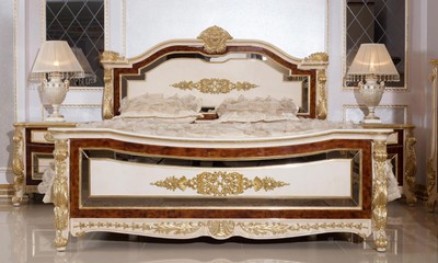 Casa Padrino set per camera da letto barocco di lusso bianco / beige /  marrone / oro - 1 Letto Matrimoniale Barocco con Testiera e 2 Comodini  Barocchi - Mobili camera da