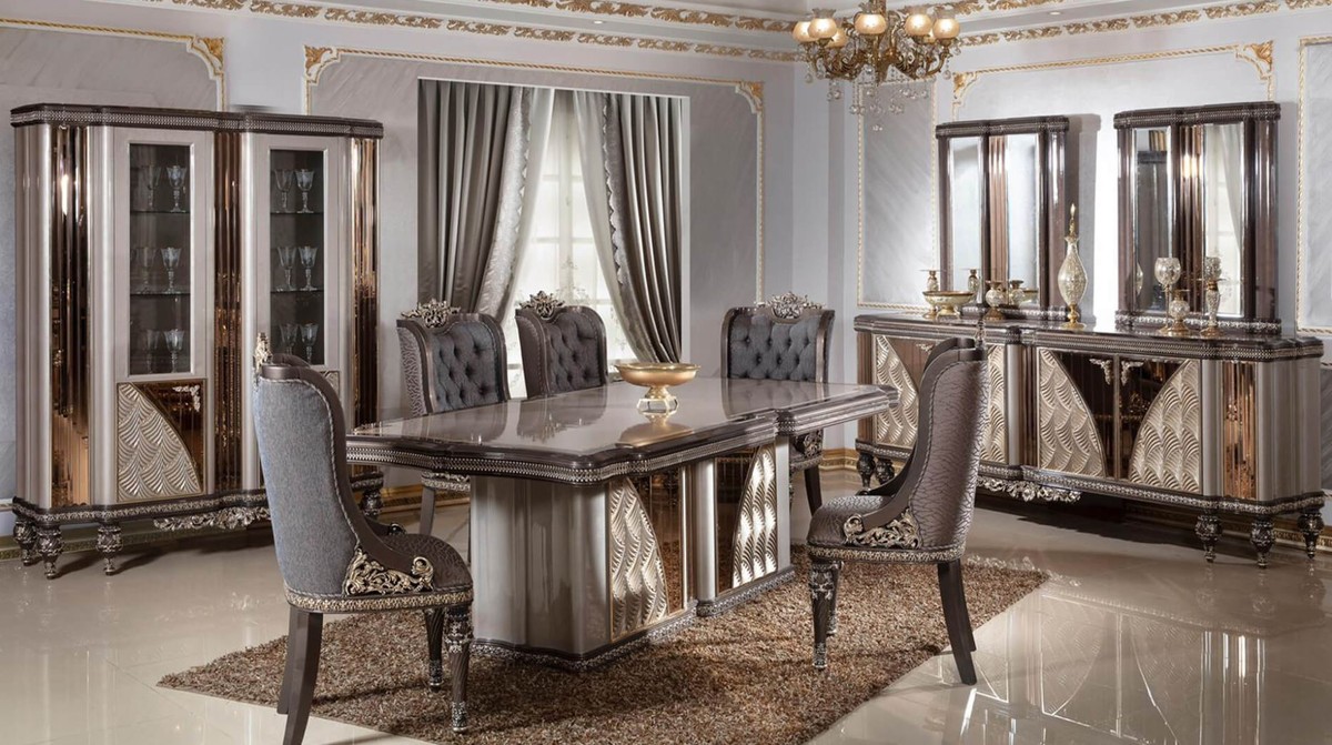 Casa Padrino set di 6 sedie da pranzo barocco di lusso blu / grigio /  marrone scuro / oro 