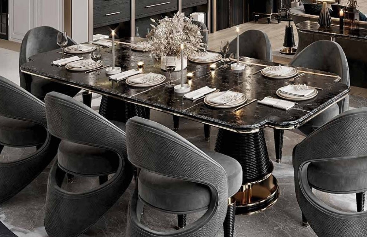 Casa Padrino ensemble de salle à manger de luxe blanc / gris / or - 1 Table  à Manger & 4 Chaises à Manger - Mobilier de salle à manger moderne