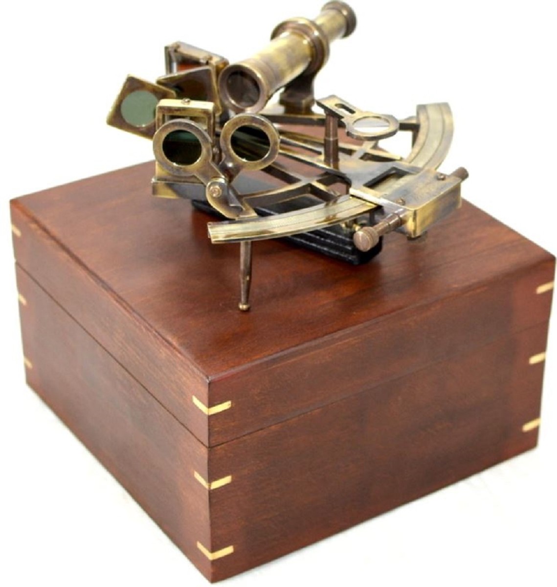 Casa Padrino luxury brass sextant with wooden box 19 x 21.5 x H. 10 cm -  Seafarers' protractor - Nautical measuring instrument - Seafarers'  decorative accessories - Luxury decorative accessories