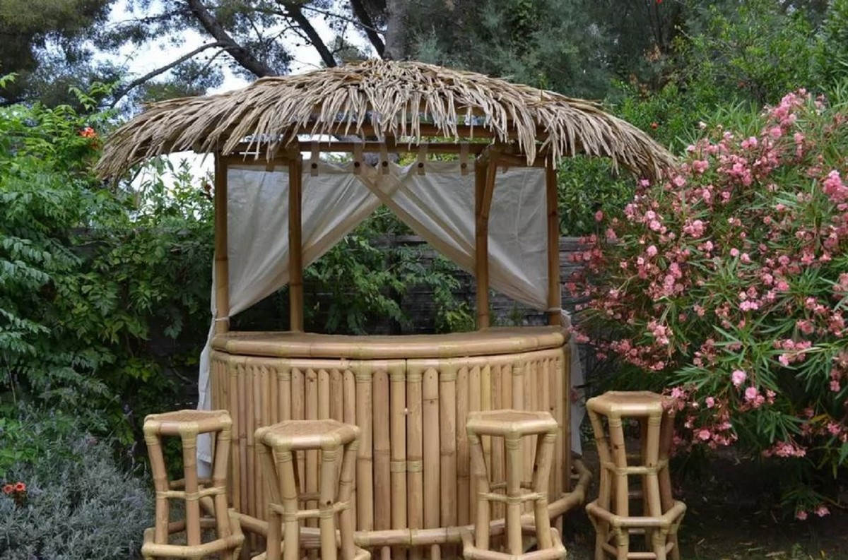 Casa Padrino Luxus Bambus Gartenbar Set Naturfarben 200 x 100 x H