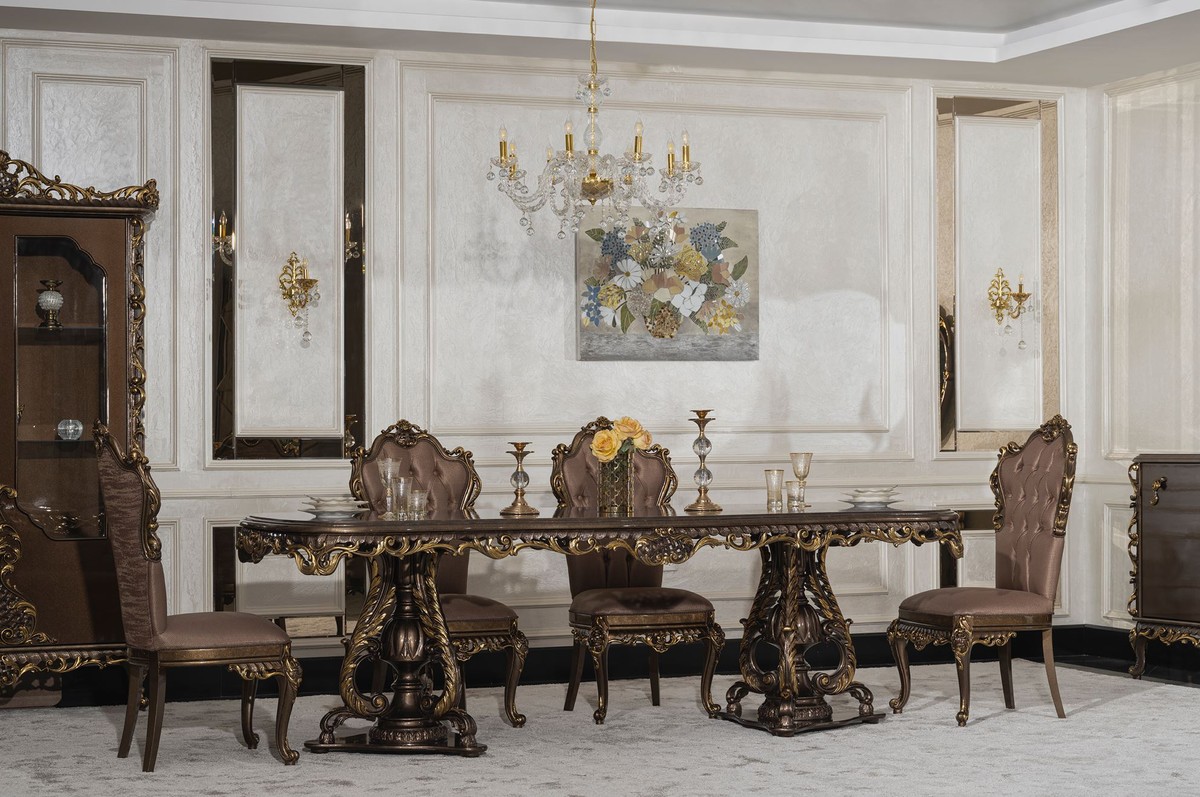 Casa Padrino set da sala da pranzo barocco di lusso grigio / marrone / oro  - 1 Tavolo da