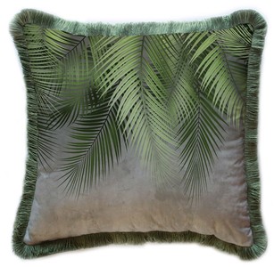 Casa Padrino cuscino decorativo di lusso foglie di palma grigio / verde 45  x 45 cm - Cuscino in velluto stampato con frange - Accessori decorativi di  lusso
