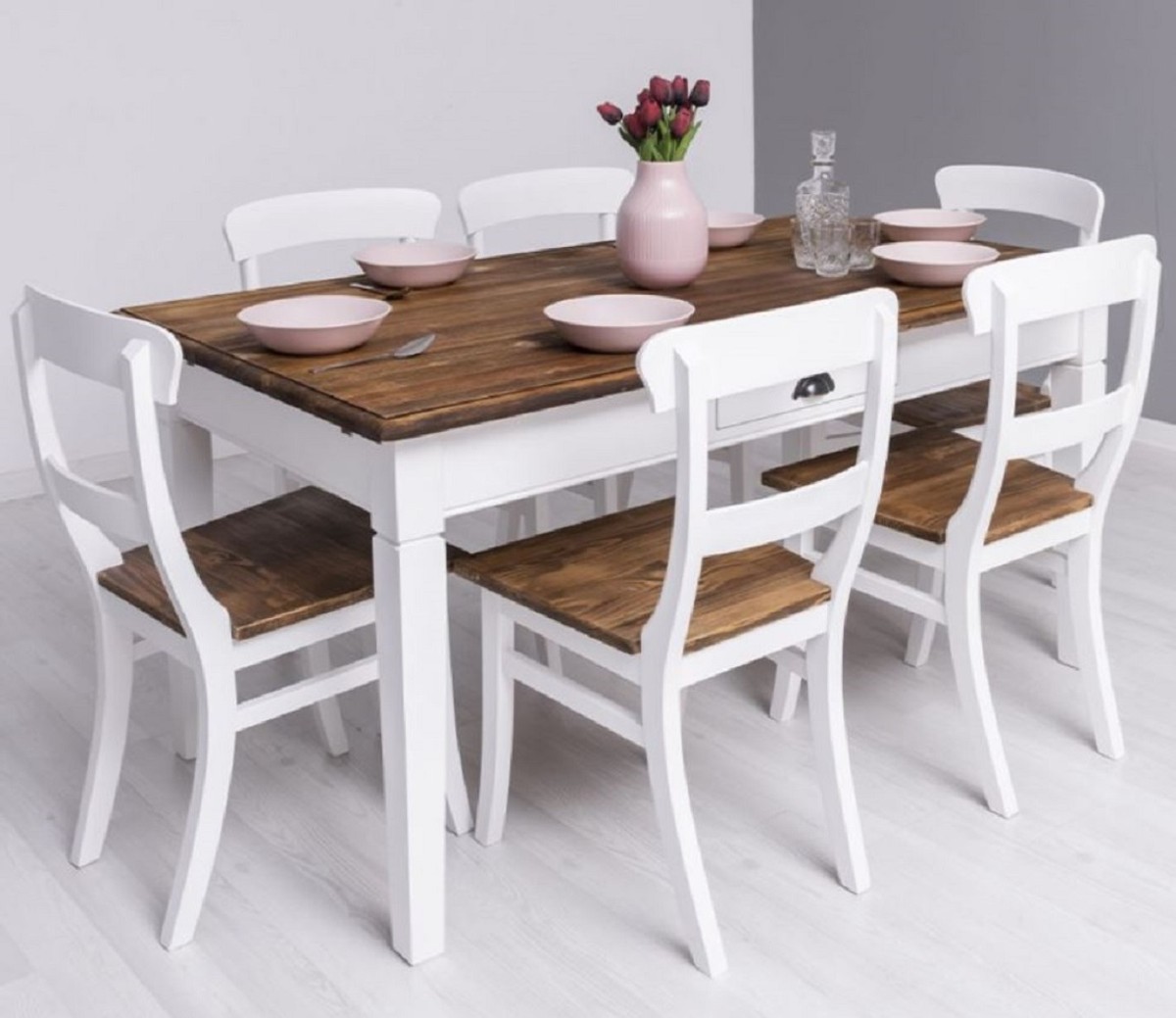 Casa Padrino set di mobili per sala da pranzo in stile country bianco /  marrone - 1 Tavolo