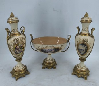 Casa Padrino Barock Keramik Vasen Set mit Schale Creme / Bunt / Messing - Barockstil Deko