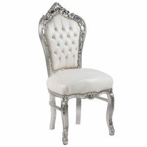 Casa Padrino Barock Kunstleder Esszimmer Stuhl mit Glitzersteinen Weiß / Silber