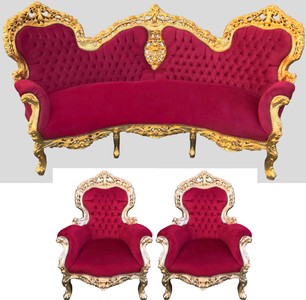 4251287794601 - Barock Sofa Garnitur Bordeaux Muster   Gold + 2 Sessel - Wohnzimmer Barock