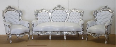 4250427880198 - Barock Sofa Garnitur WeiÃ Lederoptik   Silber + 2 Sessel - Wohnzimmer Barock