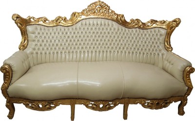 4250828321146 - Barock 3er Sofa Master Creme Lederoptik   Gold mit Bling Bling Glitzersteinen - Antik Stil MÃ¶bel