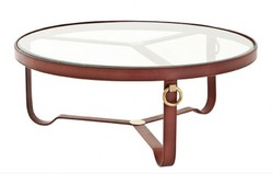 4250828346194 - Luxus Designer Couchtisch mit Glasplatte Rund Echtleder mit Messing Applikationen