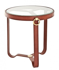 4250828346200 - Luxus Designer Beistelltisch mit Glasplatte Rund Echtleder mit Messing Applikationen