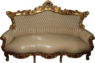 4250828350290 - Barock 3er Sofa Master Creme Lederoptik Gold - Antik Stil Möbel 4250828350290 - Barock 3er Sofa Master Creme Lederoptik Gold - Antik Stil Möbel