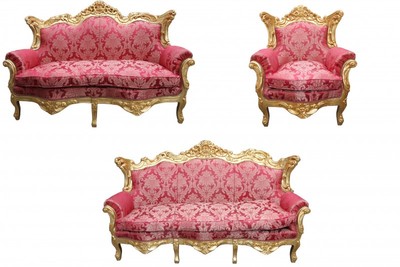 4250828366048 - Barock Wohnzimmer Set Bordeaux Muster Gold - 3er Sofa+2er Sofa + 1 Sessel