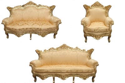 4250828366109 - Barock Wohnzimmer Set Gold Blumen Muster  Gold - 3er Sofa+2er Sofa + 1 Sessel