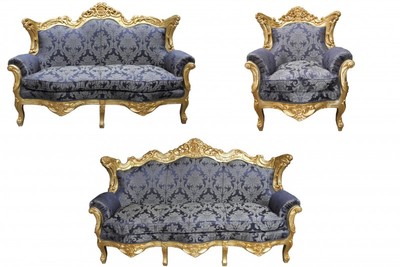 4250828366123 - Barock Wohnzimmer Set Royal Blau Muster  Gold - 3er Sofa+2er Sofa + 1 Sessel