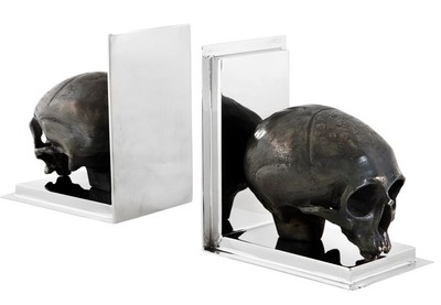 4250828372988 - Luxus BÃ¼cherstÃ¼tzen Set Totenkopf Silber   Antik Bronze 125 x 19 x H 205 cm - Schreibtisch Deko - Wohnzimmer Deko - Deko Accessoires - Luxus Accessoires