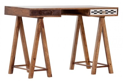 4250828376603 - Schreibtisch SekretÃ¤r Mangoholz verziert mit Fell und Mosaik 120 cm - Vintage Design